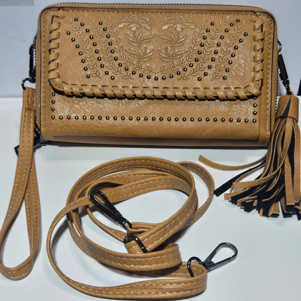 Tan Embroidered Boho Crossbody Wallet Wristlet Tassel Studded Bag Purse Western
